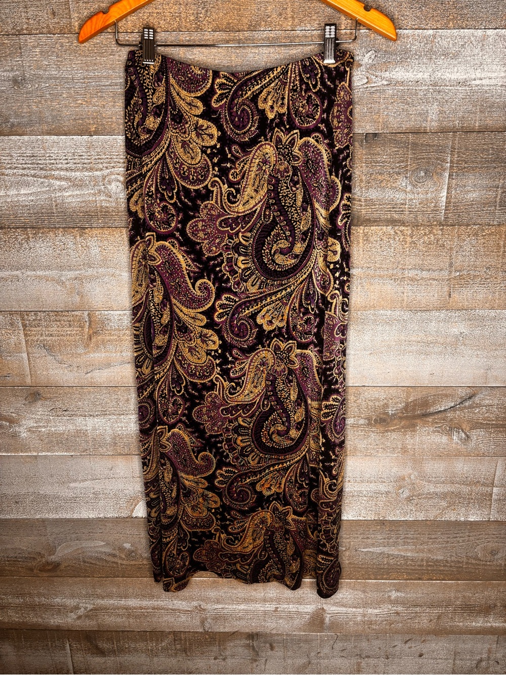 Coldwater Creek M slinky metallic boho purple gold paisley print Maxi Skirt